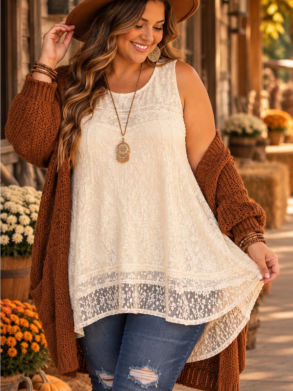 C EST 1946 Plus Size 22/24W Ivory Lace Tunic Top Boho Cottagecore